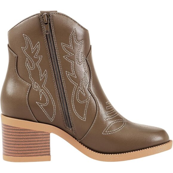 Women's Polyurethane Tan Embroidered Round Toe Short Ankle Chunky Heel Boots - Picture 6 of 7